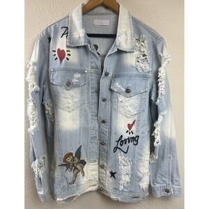Its & Co Brazil Light Wash Distressed Embroidered Denim Jean Jacket Angel Hearts
